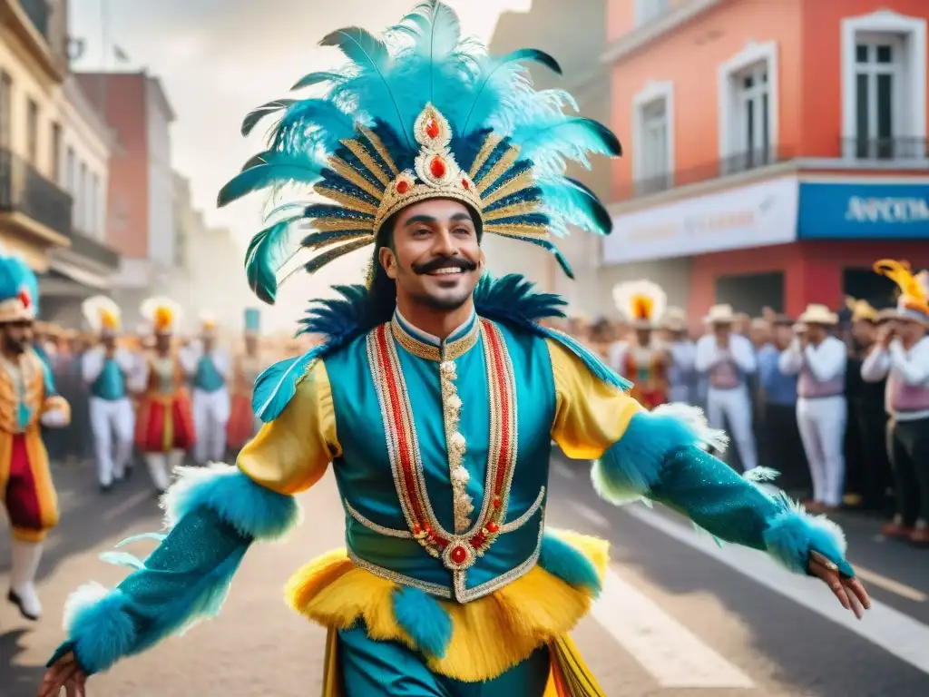 Desfile de Carnaval en Uruguay con trajes vibrantes Deslumbrante desfile de Carnaval en Uruguay con diseños de vestuario coloridos y detallados