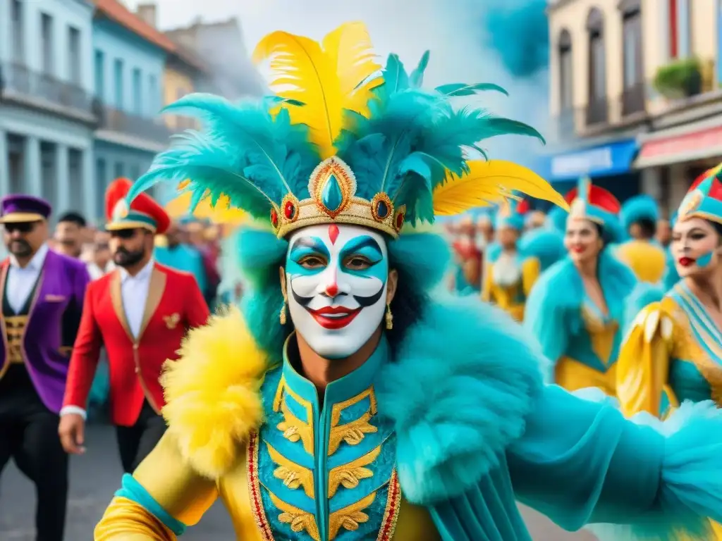 Deslumbrante Carnaval en Uruguay: detallada ilustración acuarela 8k Deslumbrante desfile de Carnaval en Uruguay con disfraces elaborados y vibrantes carros alegóricos