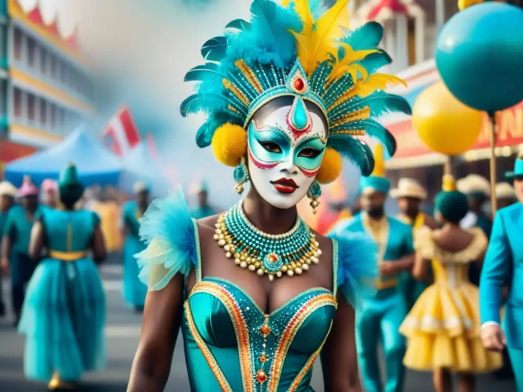 Diversidad cultural en desfile de carnaval Deslumbrante desfile de carnaval con elementos internacionales en vestuario carnavalesco