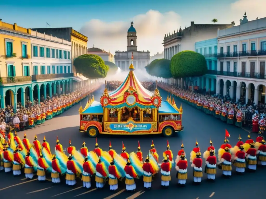 Vibrante escena de carnaval en Uruguay: pintura acuarela Deslumbrante desfile de Carnaval en Uruguay con Emprendedores en el Carnaval Uruguayo