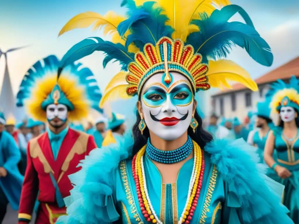 Carnaval Sustentable en Uruguay: Energía Renovable y Tradición Deslumbrante desfile de Carnaval en Uruguay con energía renovable y coloridos detalles