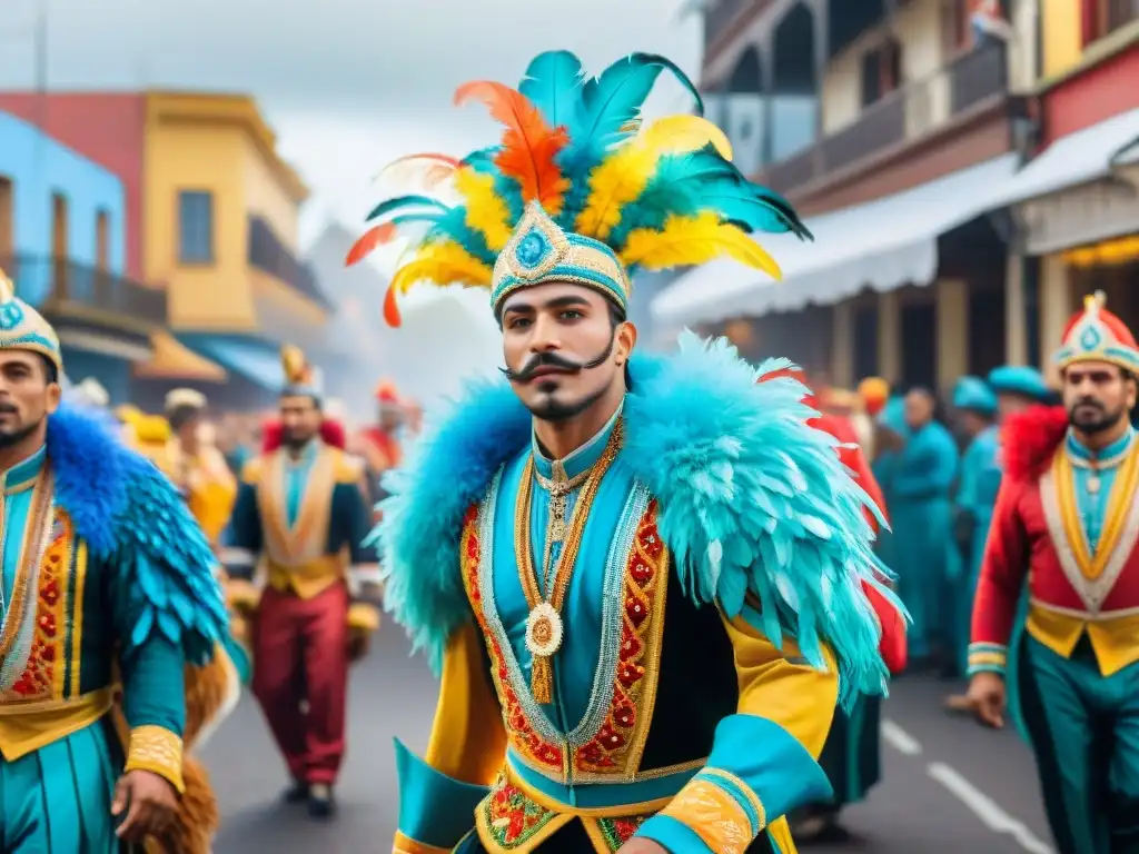 Deslumbrante Carnaval en Uruguay: Grupo de Coloridos Performers Deslumbrante desfile de Carnaval en Uruguay resalta la importancia del vestuario
