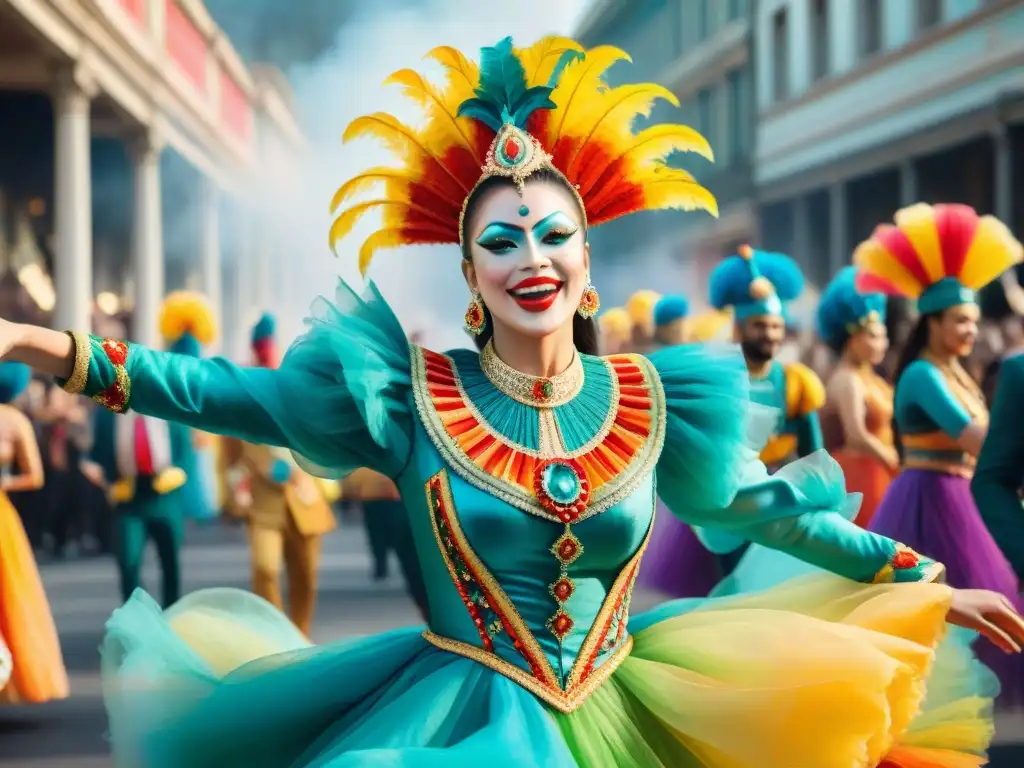 Deslumbrante desfile de carnaval: una explosión de color y energía Un deslumbrante desfile de carnaval, influencia tonos color carnaval, baile y alegría en cada detalle