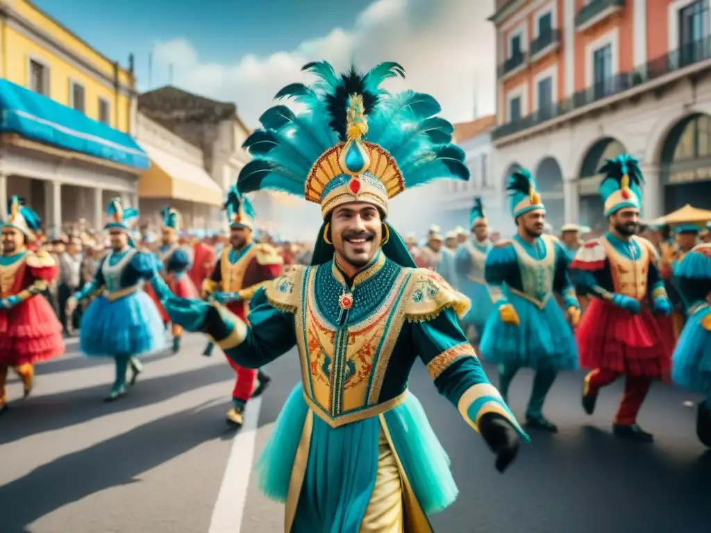 Deslumbrante Carnaval Uruguayo: Baile, Música y Alegría Deslumbrante desfile de Carnaval en Uruguay con músicos y bailarines, una festividad llena de color y alegría