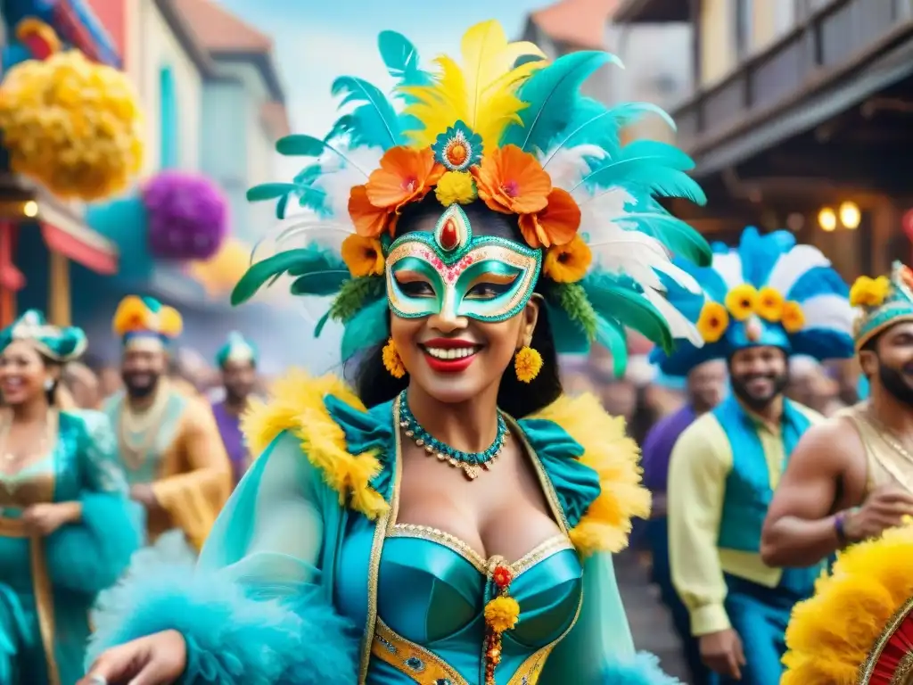Deslumbrante desfile de Carnaval con performers en coloridos trajes y música alegre