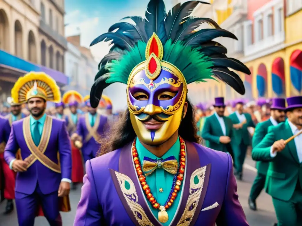 Deslumbrante desfile de carnaval en Uruguay Deslumbrante desfile de carnaval en Uruguay con trajes coloridos y detalles en una vibrante pintura acuarela
