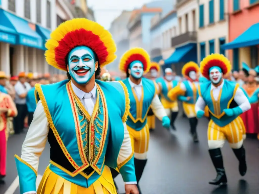 Carnaval en Uruguay: Colorida celebración cultural y política Deslumbrante desfile de Carnaval en Uruguay con trajes y bailes, reflejando Transformaciones políticas Carnaval Uruguayo