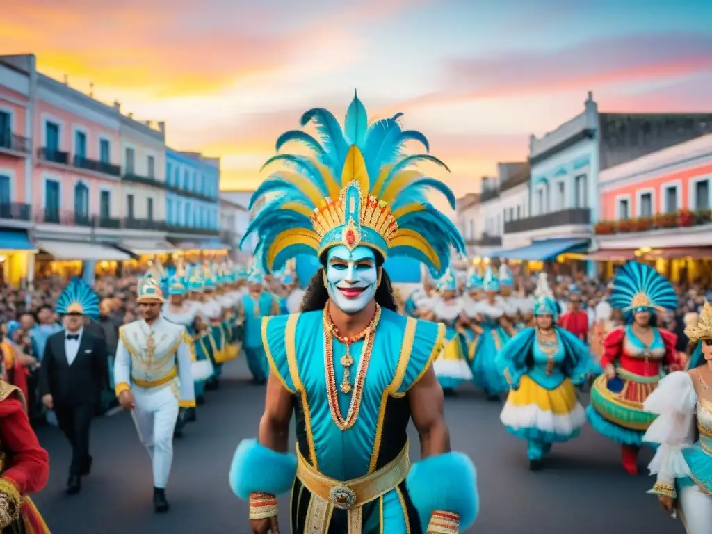 Carnaval en Uruguay: ilustración acuarela vibrante Deslumbrante desfile de Carnaval en Uruguay con trajes y carrozas detallados bajo un cielo al atardecer
