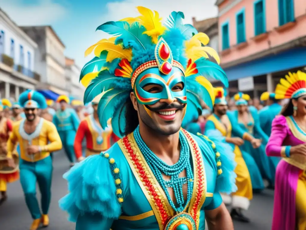 Desfile de Carnaval en Uruguay: color y alegría Deslumbrante desfile de Carnaval en Uruguay, con trajes coloridos y máscaras, reflejando la energía y alegría de la festividad