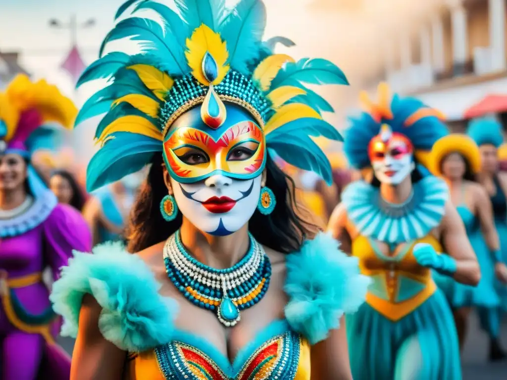 Deslumbrante Carnaval en Uruguay: Colorida celebración llena de energía Deslumbrante desfile de Carnaval en Uruguay, con trajes detallados y baile alegre