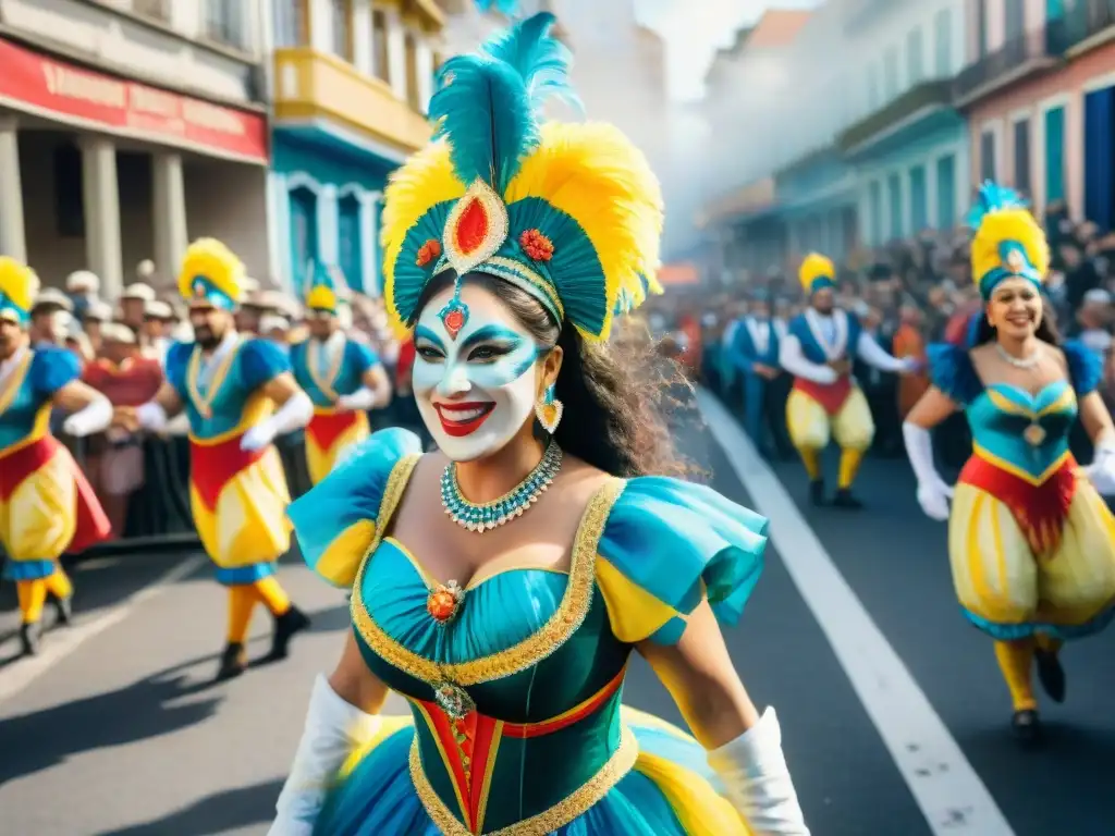 Deslumbrante desfile de carnaval en Uruguay: color y alegría Deslumbrante desfile de Carnaval en Uruguay, con trajes coloridos y música alegre
