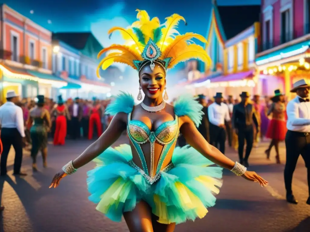 Deslumbrante desfile de Carnaval con trajes LED en la noche Un deslumbrante desfile de Carnaval con trajes iluminados por tecnología LED en la noche