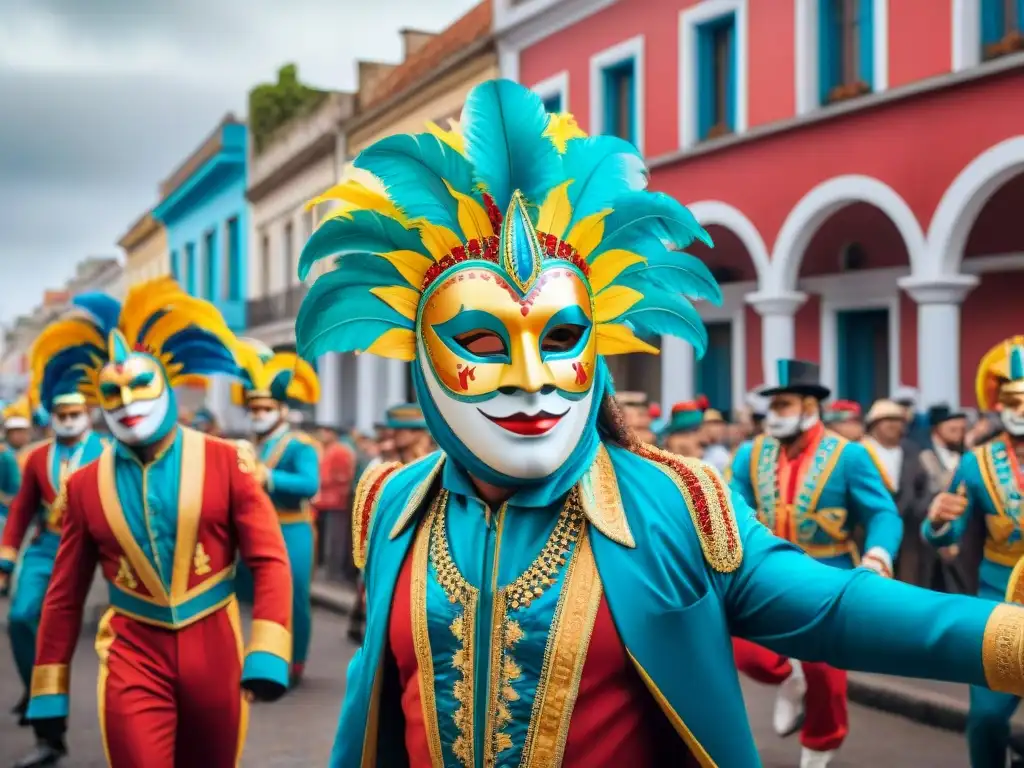 Deslumbrante desfile de carnaval en Uruguay Deslumbrante desfile de Carnaval Uruguayo, máscaras y trajes coloridos en vibrante pintura acuarela