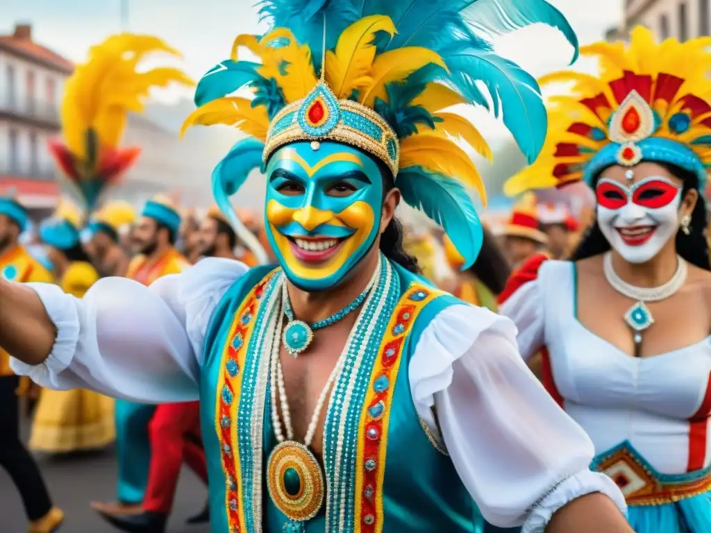Desfile vibrante del Carnaval Uruguayo: alegría y color Deslumbrante desfile del Carnaval Uruguayo con trajes y máscaras coloridas, expresiones alegres y bailes animados