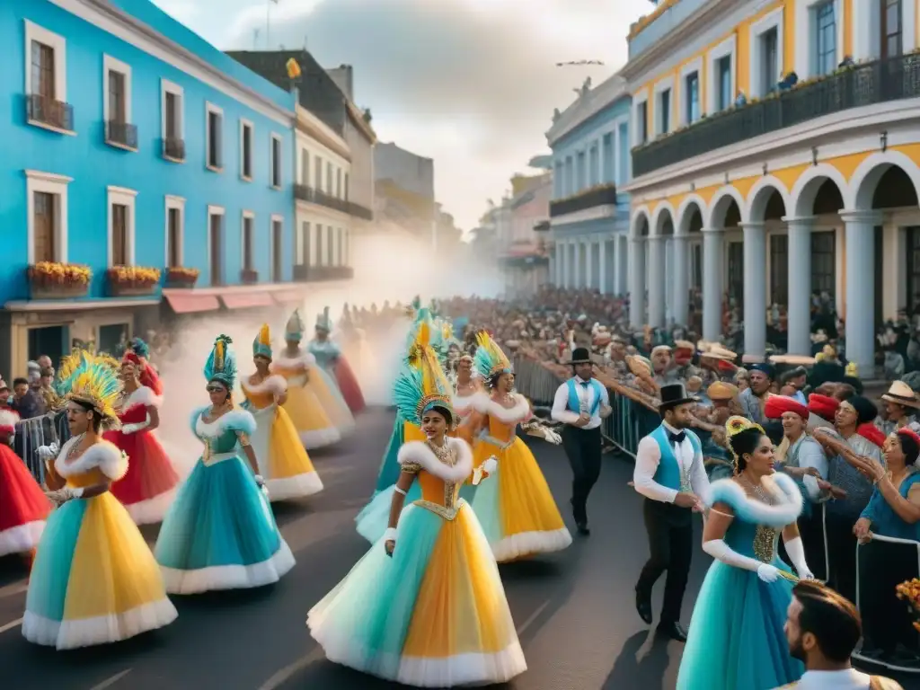 Colorida celebración de carnaval en Uruguay Deslumbrante Desfile Carnaval Uruguayo en vivo, con carrozas, bailarines y música, contra el telón de fondo de edificios coloniales históricos