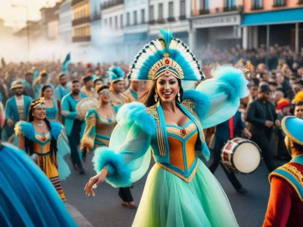 Deslumbrante desfile de Carnaval Uruguayo con danzas tradicionales al ritmo de música electrónica, espectadores emocionados