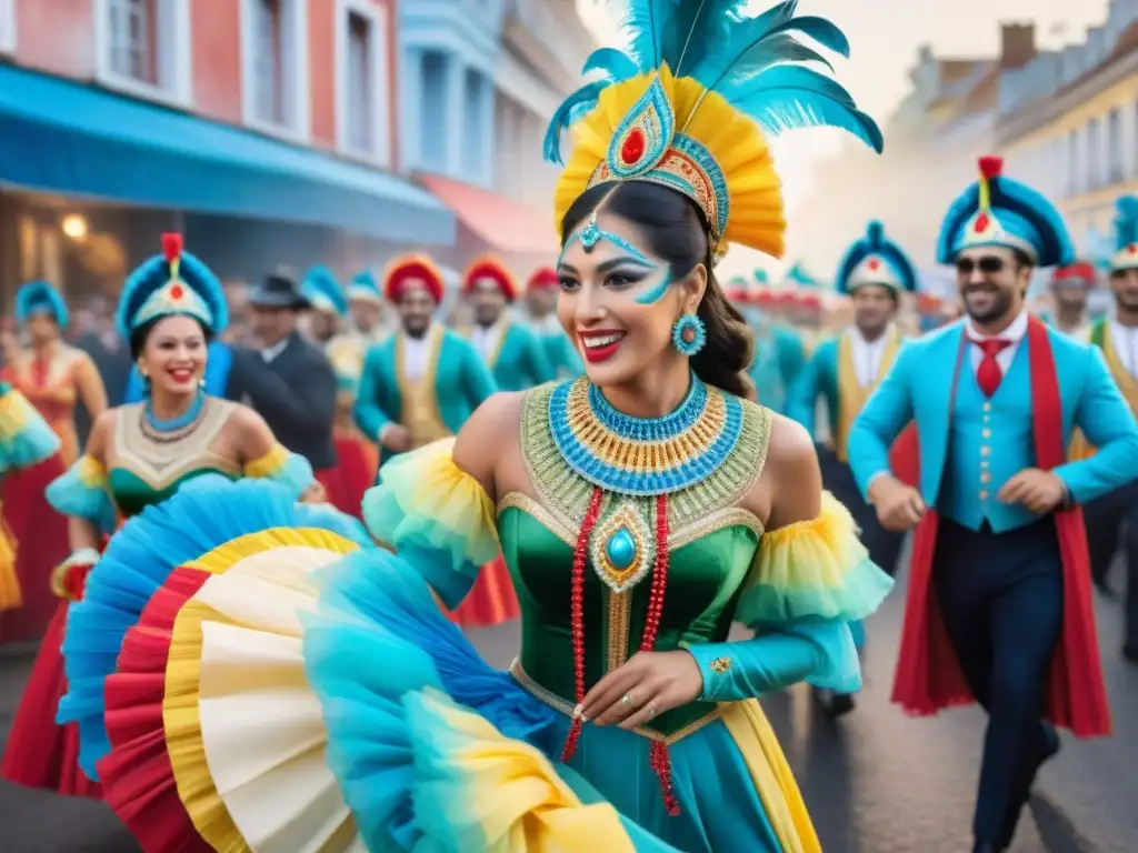 Desfile vibrante en el Carnaval de Uruguay: ¡Fiesta de colores y tradición! Deslumbrante ilustración acuarela de desfile en Carnaval Uruguayo