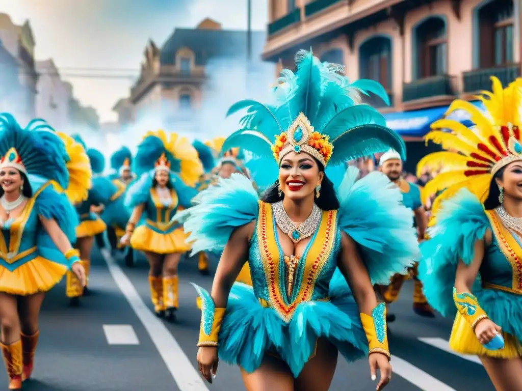 Deslumbrante desfile de Carnaval en Uruguay Deslumbrante desfile de Carnaval Uruguayo con coloridos trajes y espectadores animados
