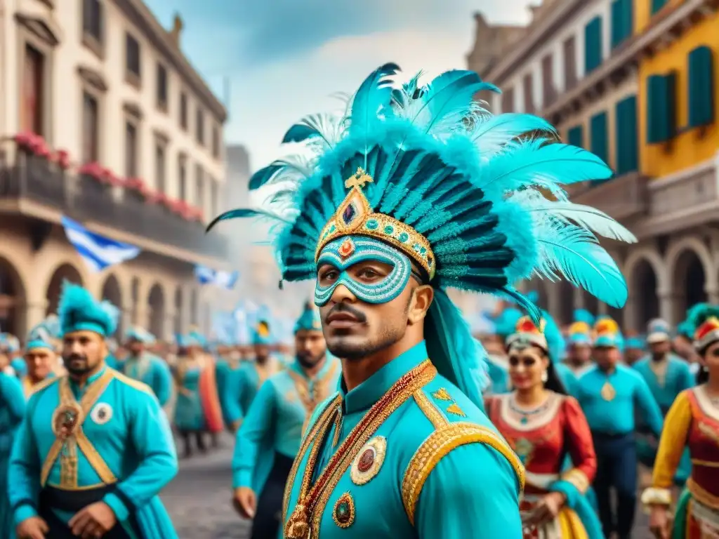 Carnaval Uruguayo: Colorido desfile de danzarines y edificios festivos Deslumbrante desfile del Carnaval Uruguayo: Innovación y Tradición con bailarines coloridos y edificios festivos