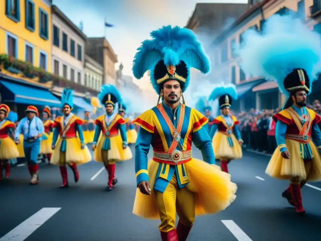 Desfile vibrante en Carnaval Uruguayo Deslumbrante desfile del Carnaval Uruguayo con coloridos carros alegóricos, bailarines y arquitectura tradicional
