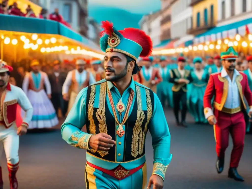 Deslumbrante desfile de Carnaval Uruguayo: color, movimiento y tradición Deslumbrante desfile del Carnaval Uruguayo, con vibrantes carrozas y coloridos trajes, en una celebración llena de historia y branding