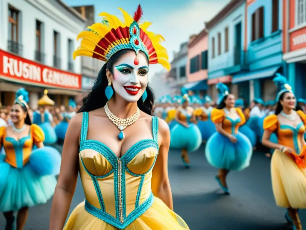 Deslumbrante carnaval uruguayo: colores y alegría Deslumbrante desfile del Carnaval Uruguayo con revistas y multitud animada