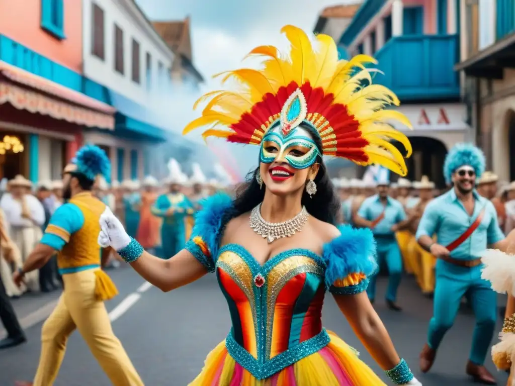 Desfile de Carnaval en Uruguay: Detalles vibrantes y coloridos Deslumbrante desfile de Carnaval Uruguayo con bailarines coloridos y vibrantes disfraces en una animada calle