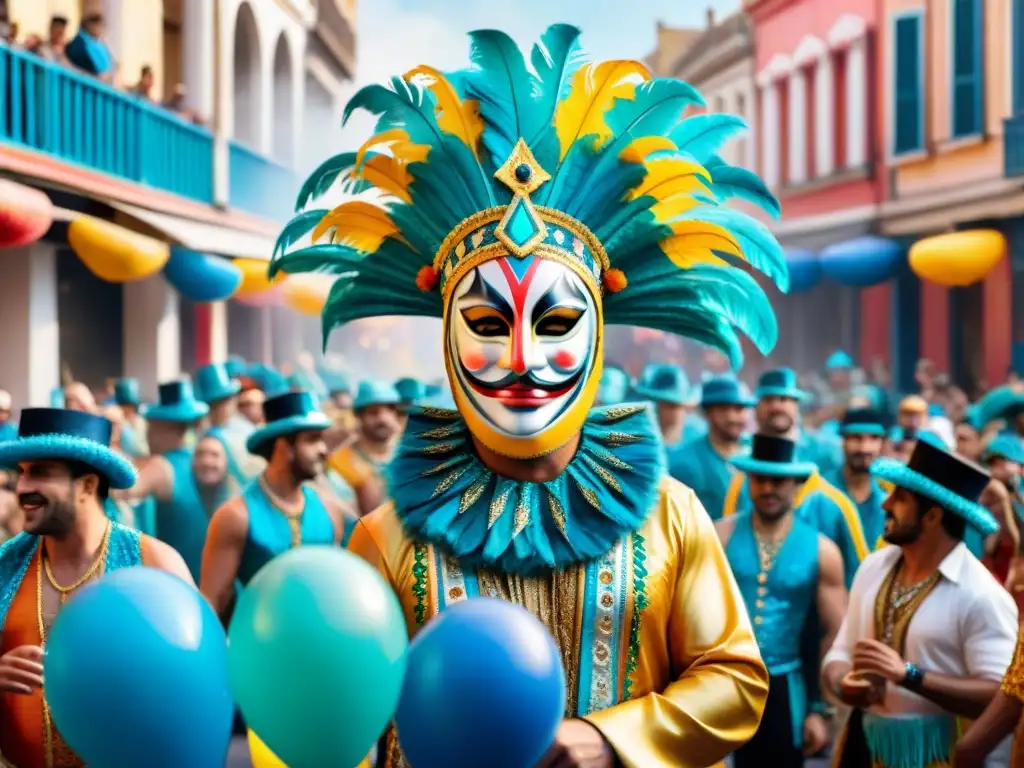 Deslumbrante desfile de Carnaval en Uruguay Deslumbrante desfile de Carnaval Uruguayo con detalles y símbolos tradicionales, danzas y arquitectura urbana