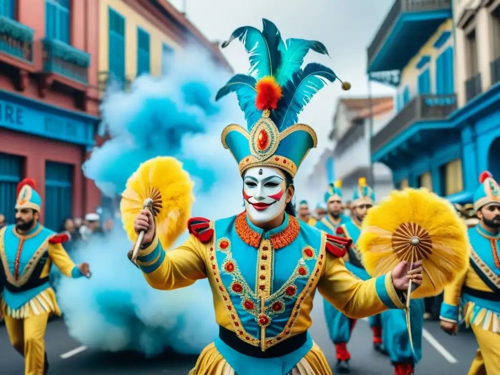 Carnaval Uruguayo: Desfile vibrante en 8k Deslumbrante desfile en Carnaval Uruguayo con floats y bailarines, fusionando tradición e innovación