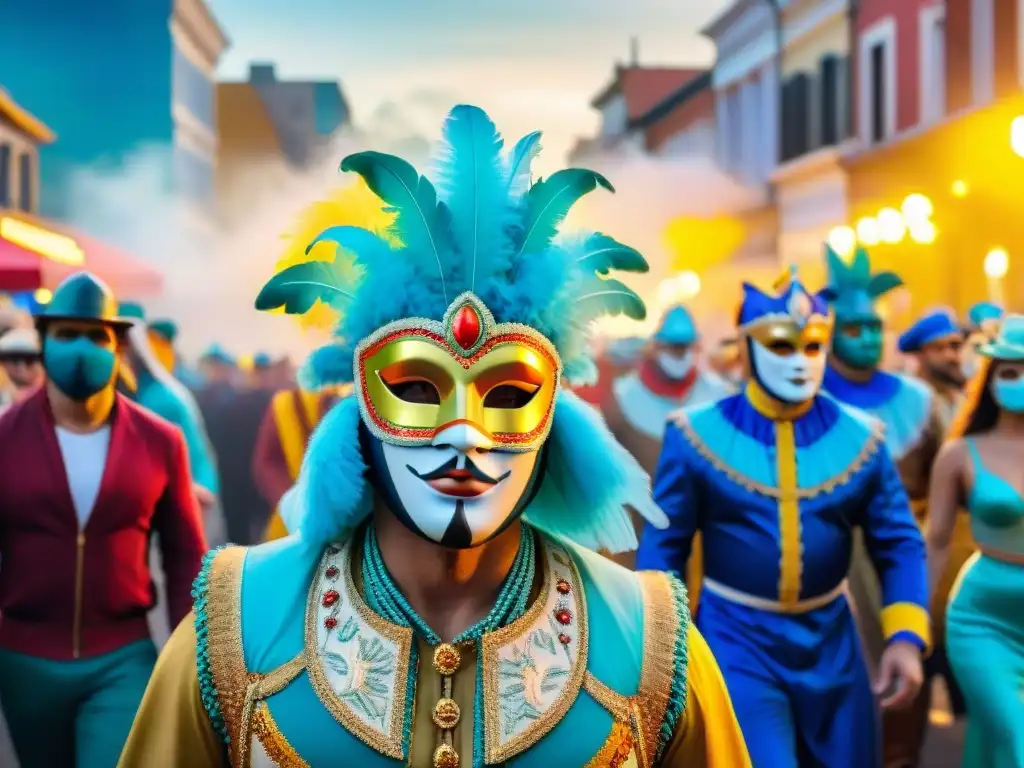 Carnaval en Uruguay: Máscaras y Alegría en las Calles Deslumbrante desfile de Carnaval Uruguayo: máscaras y trajes coloridos en una vibrante celebración callejera