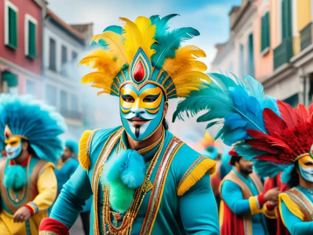 Colorido Carnaval en Uruguay: Detalle en Acuarela 8k Deslumbrante desfile del Carnaval Uruguayo con trajes y accesorios vibrantes