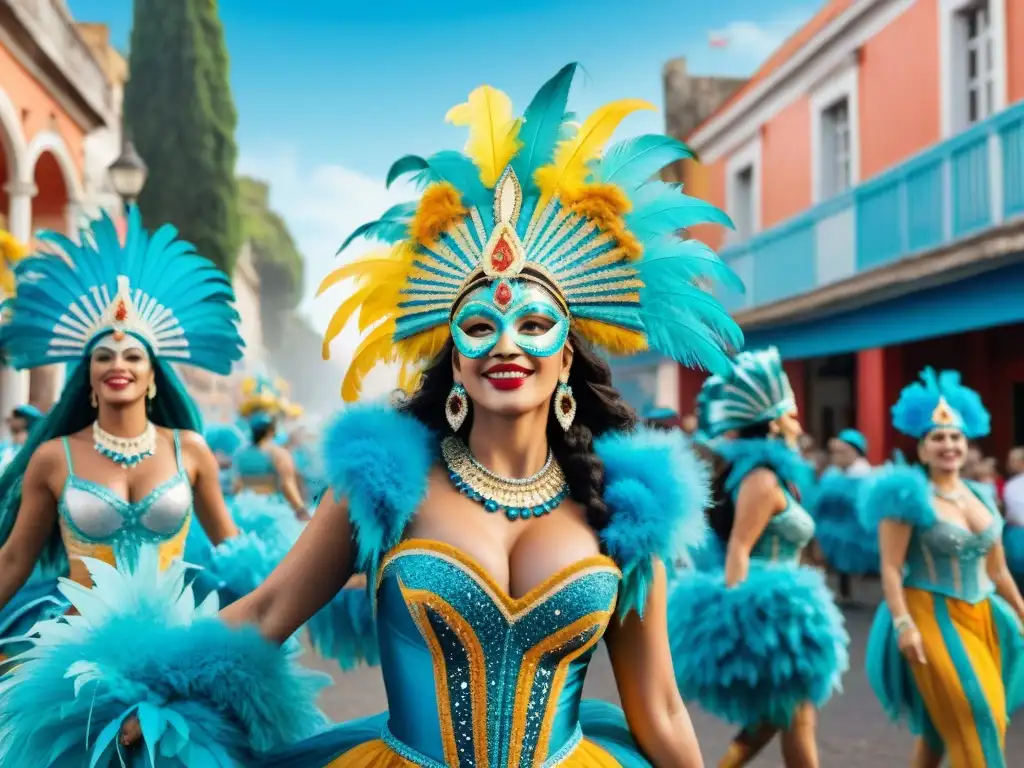 Deslumbrante desfile de Carnaval en Uruguay Deslumbrante desfile de Carnaval Uruguayo sostenible con bailarines y coloridos trajes en las calles