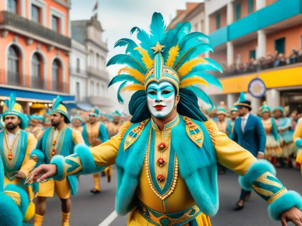 Deslumbrante Carnaval en Uruguay: ¡vibrante colorido y energía festiva! Deslumbrante desfile del Carnaval Uruguayo con coloridos carros alegóricos, bailarines y espectadores, capturando la energía festiva