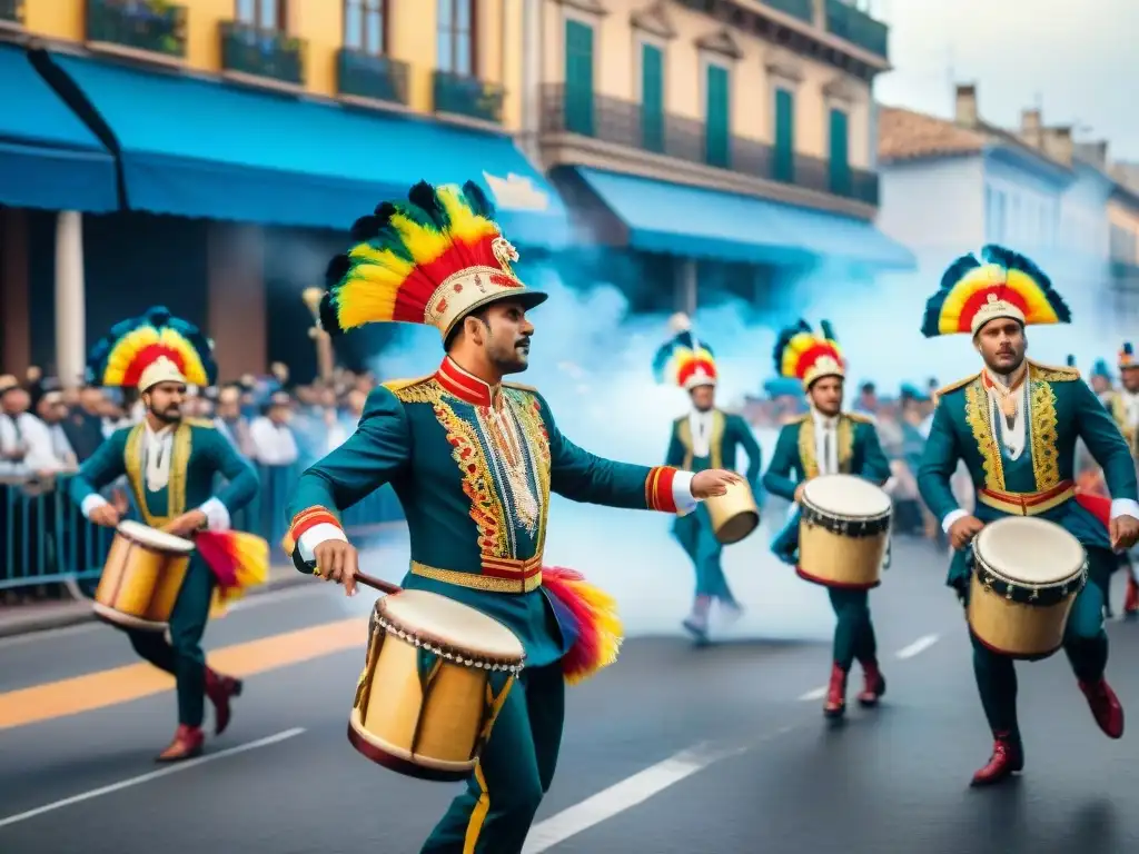 Desfile colorido en el Carnaval Uruguayo Deslumbrante desfile del Carnaval Uruguayo con danzarines y carrozas, capturando los Orígenes del Carnaval Uruguayo