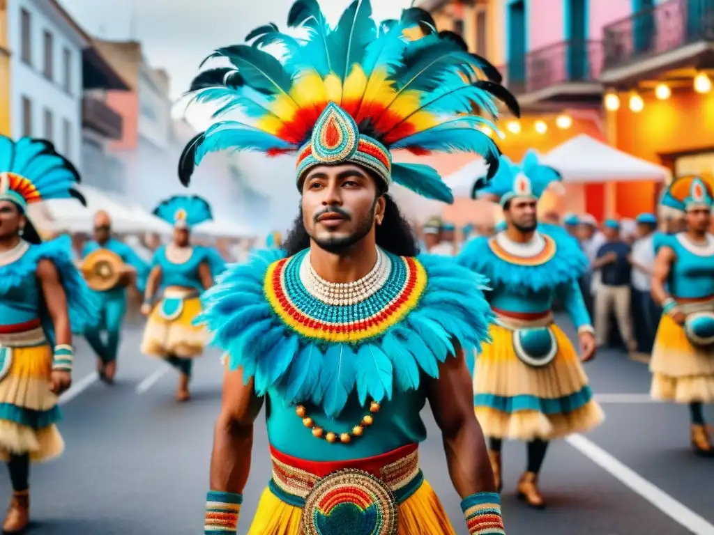 Deslumbrante comparsa en el Carnaval Uruguayo Deslumbrante desfile de comparsas en el Carnaval Uruguayo, con danzarines y tambores de candombe
