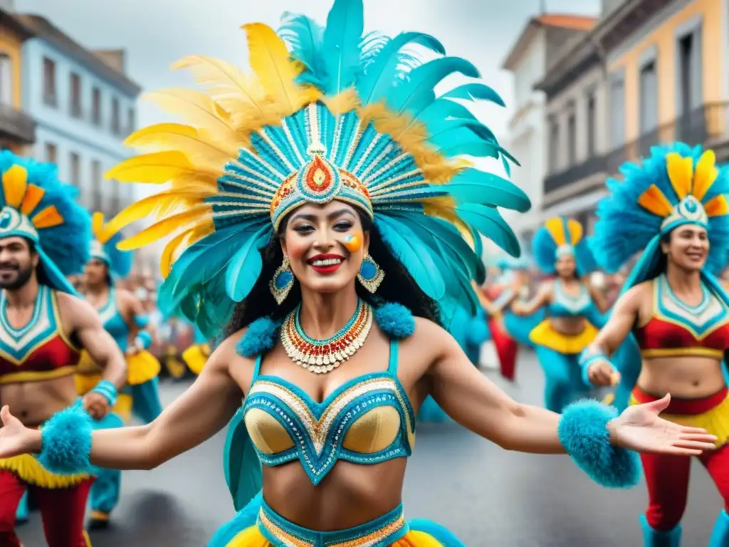 Desfile de comparsas en Uruguay: color y alegría Deslumbrante desfile de comparsas en Uruguay, reflejando la energía del Carnaval