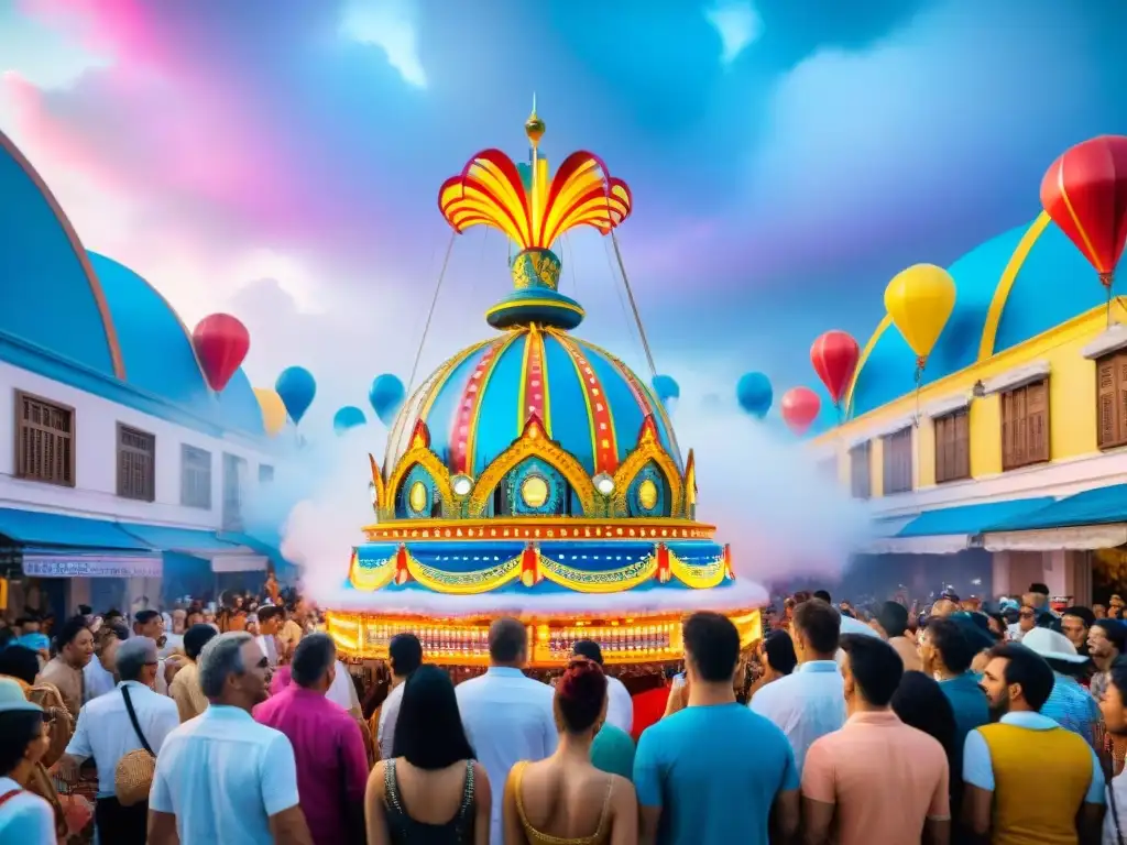 Desfile futurista en el Carnaval de Uruguay Un deslumbrante desfile futurista en el Carnaval Uruguayo, fusionando tecnología y tradición con luces LED y trajes coloridos