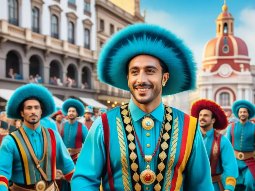 Colorida murga uruguaya en desfile junto a emblemáticos paisajes Deslumbrante desfile de murgas uruguayas en el mundo, con trajes coloridos y música vibrante frente a emblemáticos paisajes de Uruguay