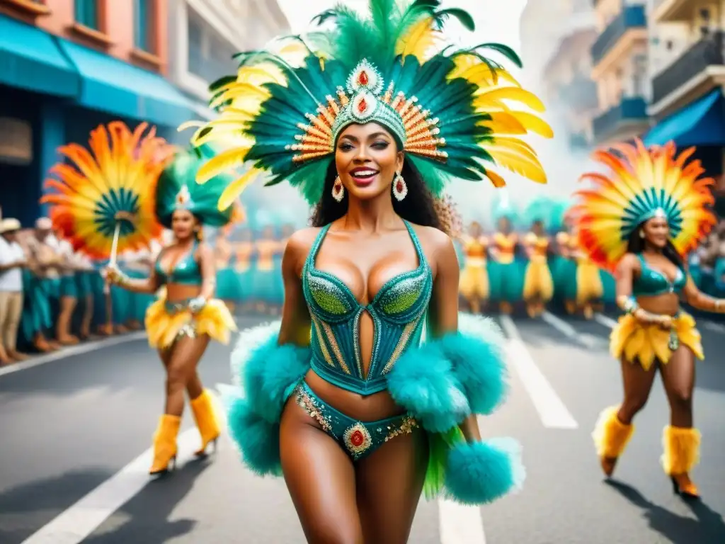 Deslumbrante desfile de samba: colores, energía y alegría Deslumbrante desfile de samba en Uruguay con residuo cero en escuelas, plumas y lentejuelas brillantes