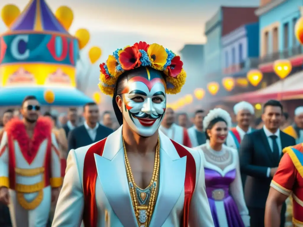 Desfile virtual de Carnaval en Uruguay: explosión de color y alegría Deslumbrante desfile en tablados virtuales Carnaval Uruguayo, con carrozas y trajes tradicionales coloridos, fondo digital alegre