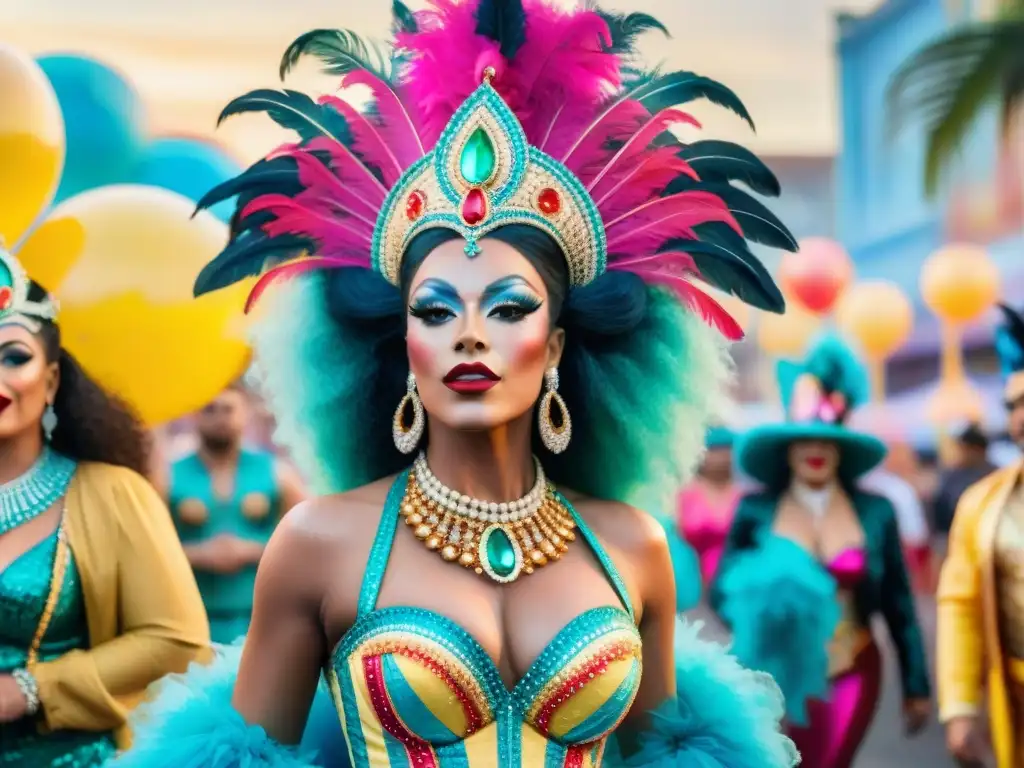 Deslumbrantes Drag Queens en el Carnaval de Uruguay Un deslumbrante dibujo de acuarela que muestra a Drag Queens en Carnaval Uruguayo, celebrando la diversidad con confianza y colorido
