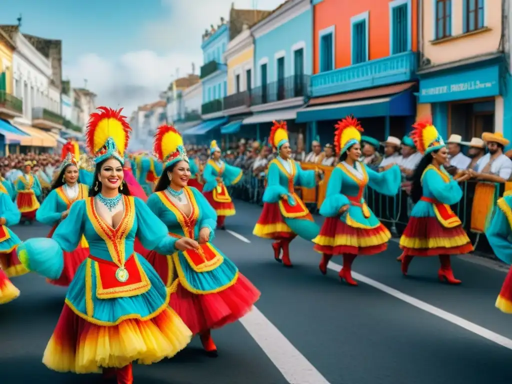 Deslumbrante Carnaval en Uruguay: ilustración acuarela detallada Deslumbrante diseño web para Carnaval Uruguayo con desfile vibrante y colorido, danzas tradicionales y música festiva