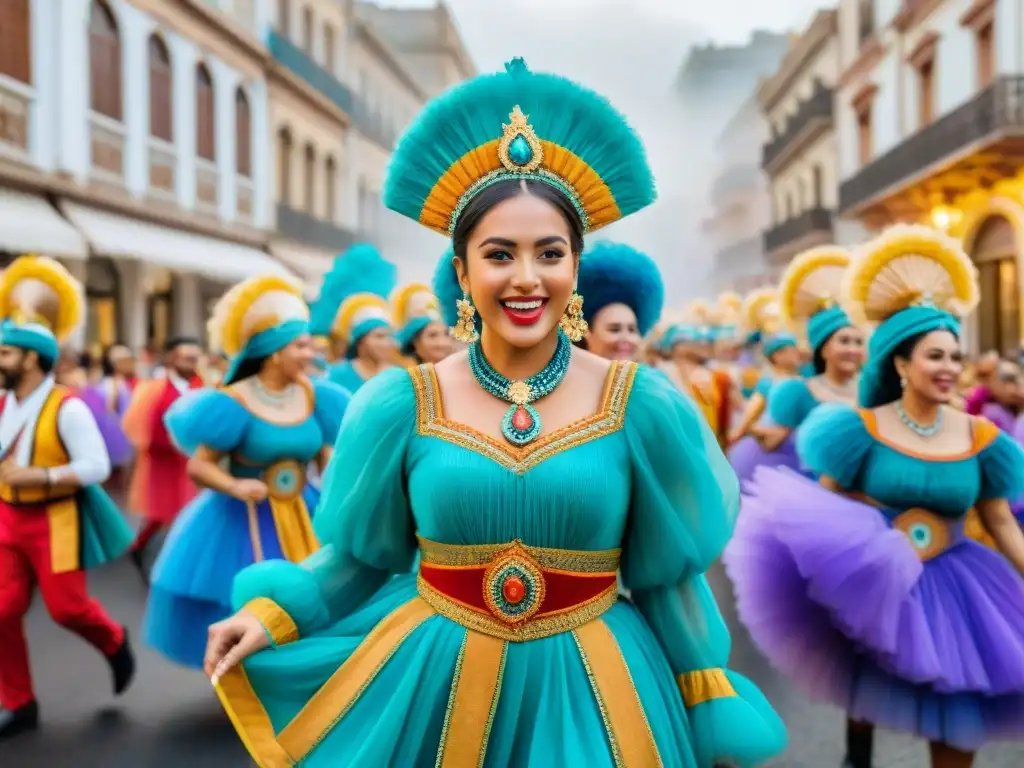 Carnaval en Uruguay: Celebración colorida y festiva en las calles Deslumbrante escena callejera del Carnaval Uruguayo, con vibrantes colores y energía comunitaria