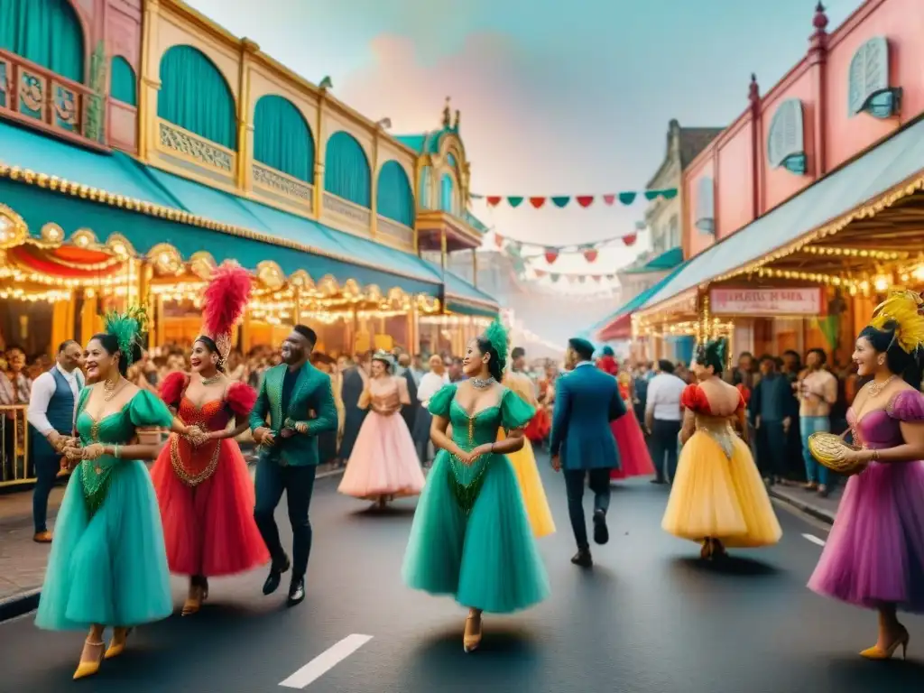 Deslumbrante carnaval de murgas: fiesta y colorido Deslumbrante escena de Carnaval con murgas, músicos y espectadores animados en la calle