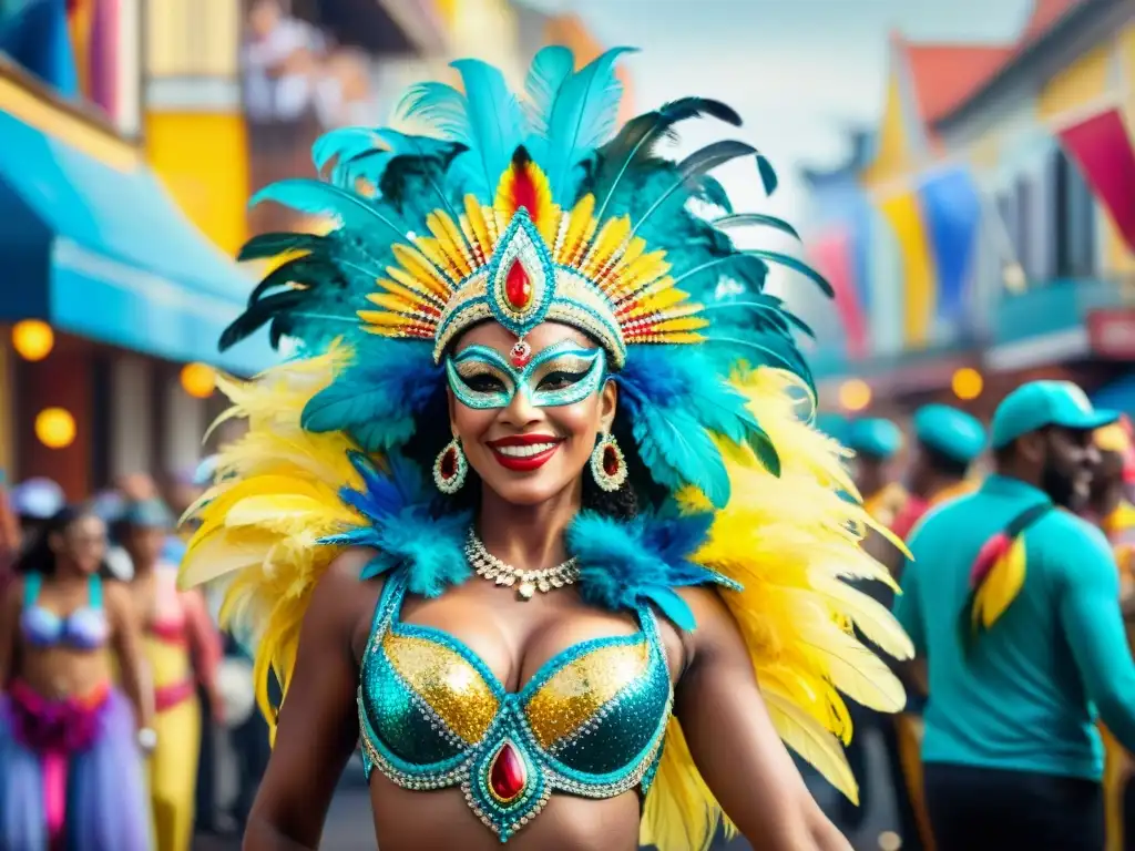Colorido desfile de Carnaval: danza, plumas y samba Deslumbrante escena de Carnaval con técnicas avanzadas de danza en vibrantes trajes y plumas