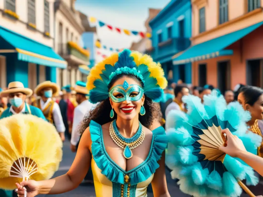 Carnaval Uruguayo: Escena vibrante llena de color y alegría Deslumbrante escena del Carnaval Uruguayo con deslumbrantes colores y energía festiva, desafiando los desafíos socioeconómicos