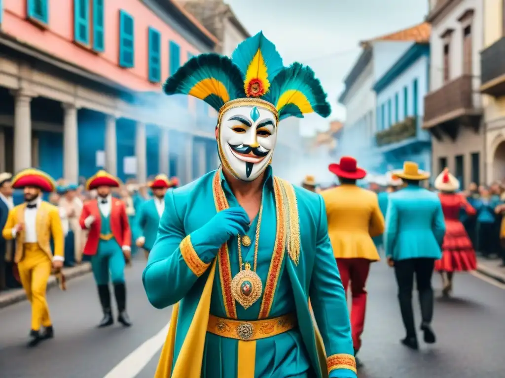 Deslumbrante desfile de parodistas en Carnaval de Uruguay Deslumbrante escena de talento oculto: parodistas uruguayos con trajes coloridos y detallados, actuando con pasión en Carnaval