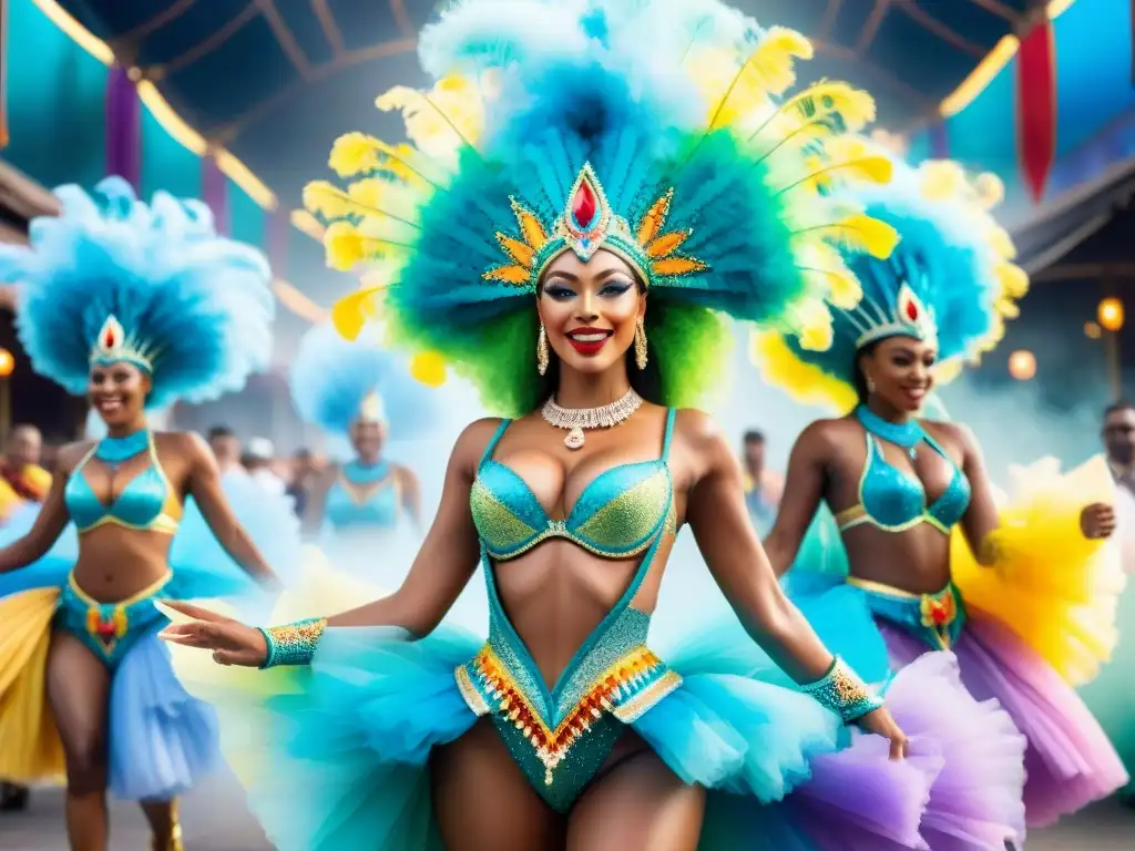 Deslumbrante Carnaval con trajes LED y acuarelas Un deslumbrante espectáculo de Carnaval con trajes iluminados con tecnología LED en vibrantes acuarelas