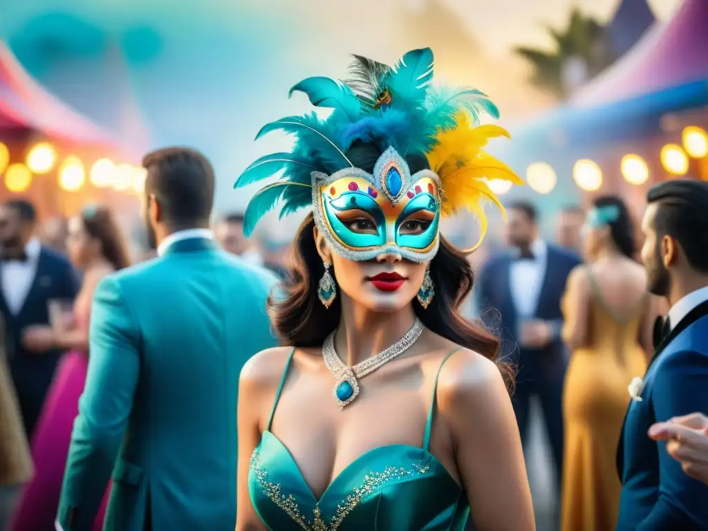 Exclusivo Carnaval Uruguayo: VIP entre máscaras y baile Un deslumbrante evento VIP en el Carnaval Uruguayo, con invitados elegantes y coloridas decoraciones