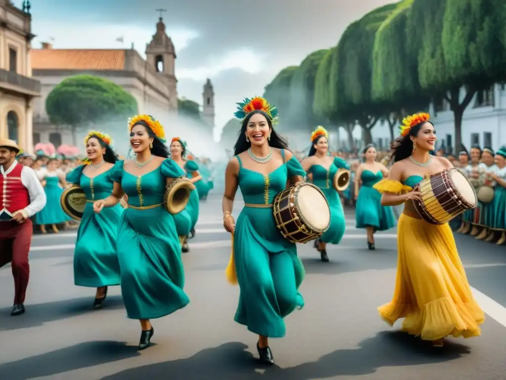 Deslumbrante transformación comparsas en íconos uruguayos, vibrante desfile de colores y alegría